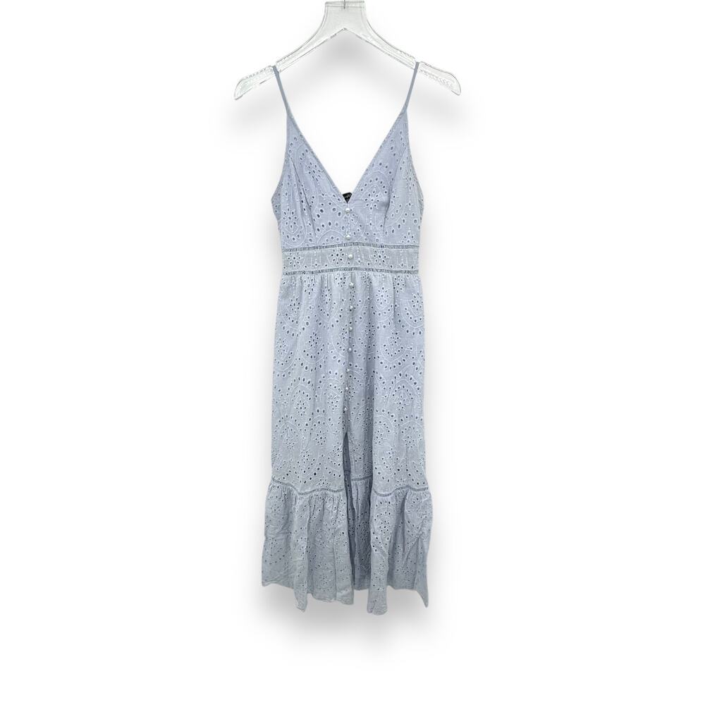 Simplee blue eyelet lace dress cami button front tiered ruffle scalloped hem S